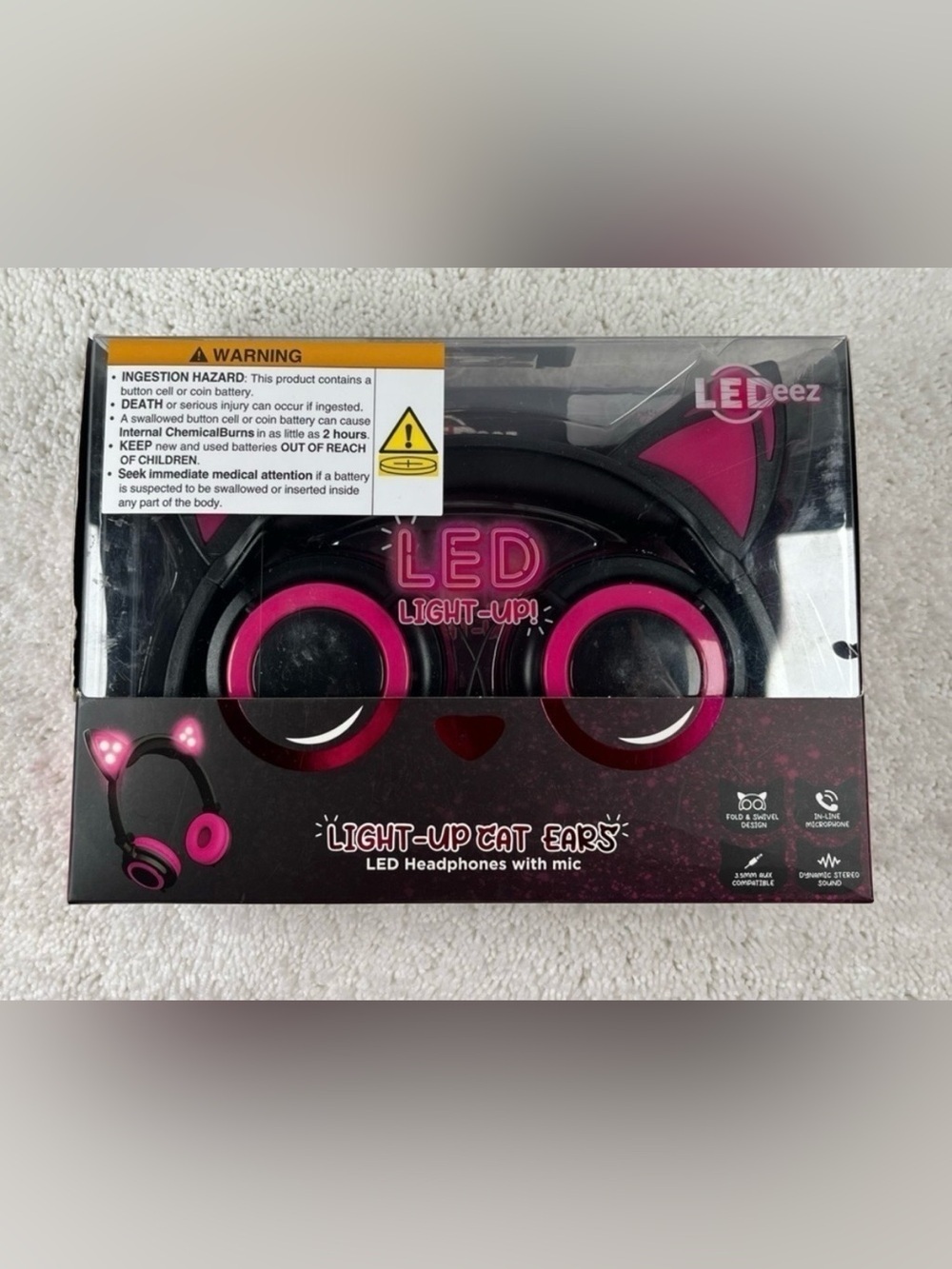 NIB LEDeez LED Light-Up Cat Ears Headphone with Mic-Fold & Swivel Design